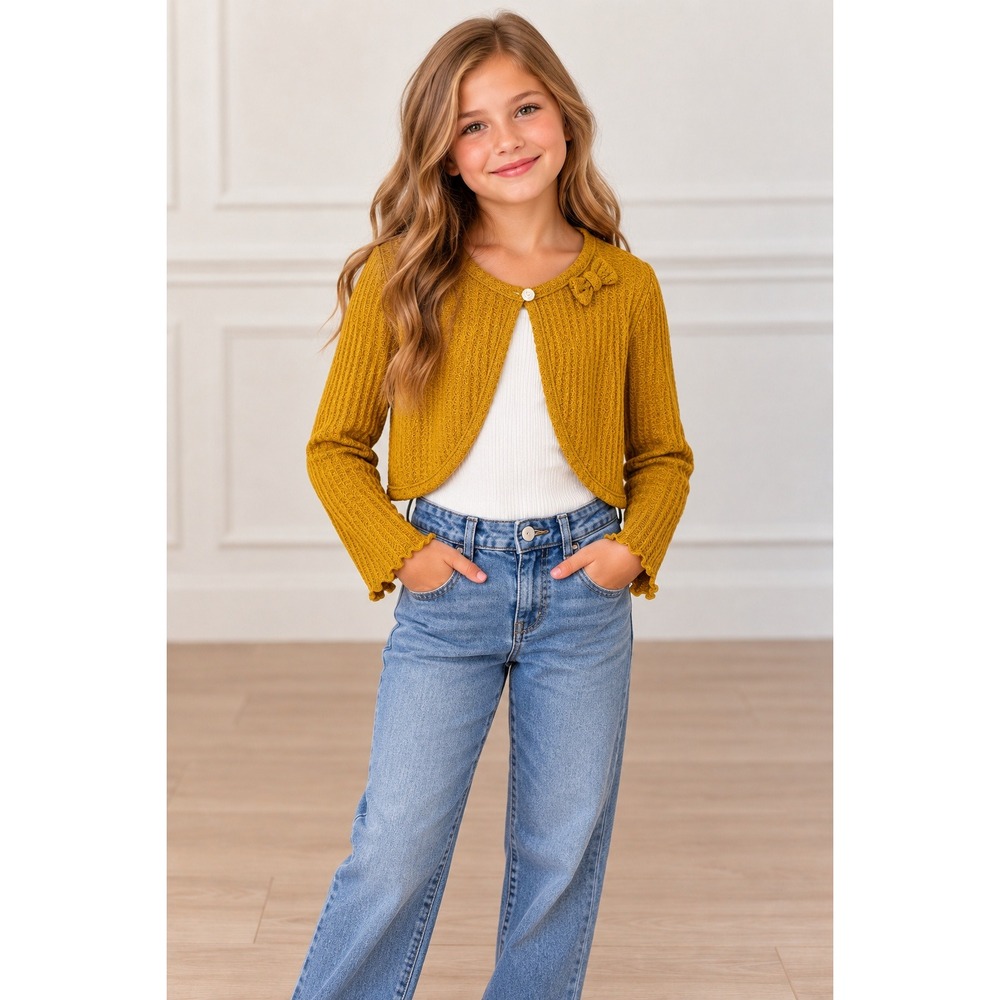 PatPat Girls Mustard Yellow Waffle Knit Cropped Cardigan Shrug Bow Size 9-10Y